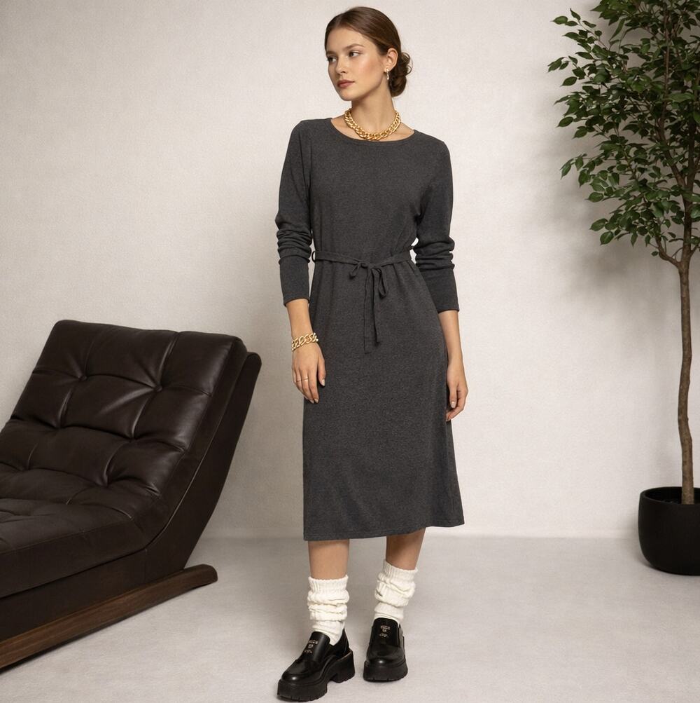 PURE COLLECTION 100% Cashmere Midi Sweater Dress Gray Sz US 6 $395 {3P12}